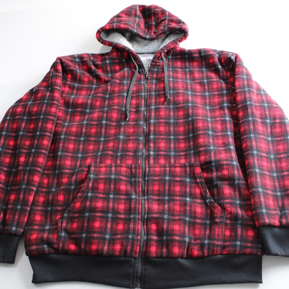1775 Mens Red Black Plaid Sherpa Lined Fleece Full Zip Hoodie Jacket Large